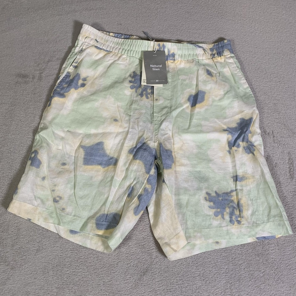H&M Shorts Mens Small Tie Dye Camo Natural Linen Relaxed Fit 8" Inseam NEW